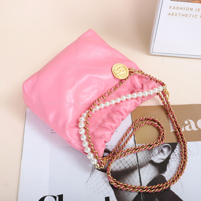 VLOVELAW 2025 New fashion gold coin hippie bag genuine leather rhombus chain shoulder messenger bag women's first layer cowhide pearl bucket bag