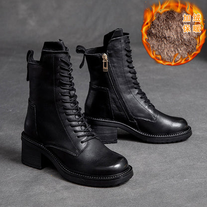 Shanghai Jie Shu Autumn New round Head Chunky Heel Cowhide in Stock Fashion Martin Boots Mid-High Heel Side Zipper Smoke Pipe Boots