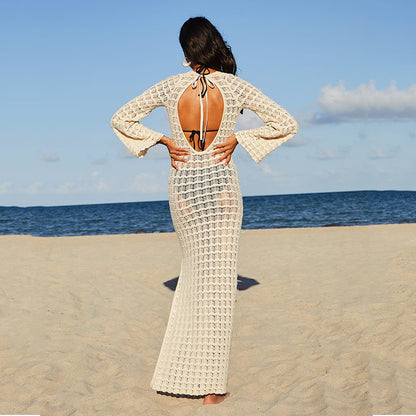 VLOVELAW 2025 summer new beach skirt women's solid color sexy knitted hollow beach bikini swimsuit blouse sunscreen clothing