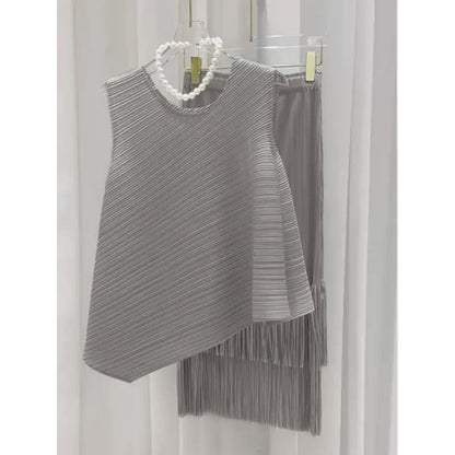 Miyake fashion pleated suit women's summer style Popular style sweet irregular vest top fringed skirt two-piece set