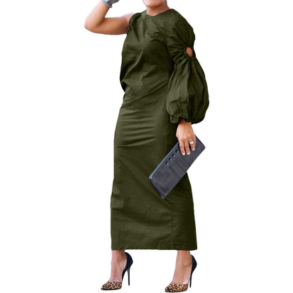 VLOVELAW Bn295 Cross-Border Foreign Trade European and American Women's Clothing Autumn New Solid Color Single Sleeve Hollow-out Side Slit Dress