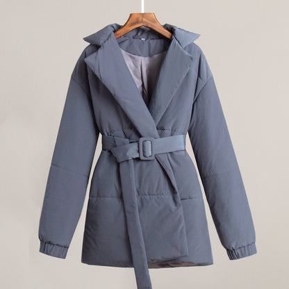 KKBOXLY Cross-border lapel cotton clothes, 2025 New winter new thickened and thin waist cotton clothes, solid color belt cotton clothes jacket
