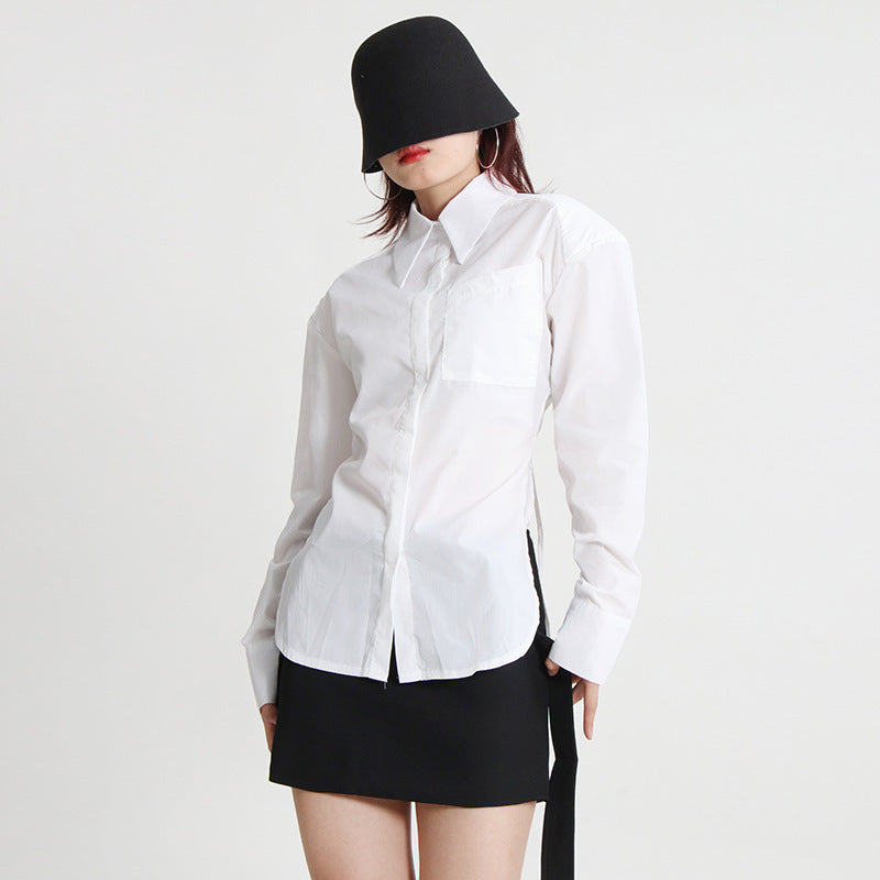 2025 Simple versatile lapel top  spring new fashion temperament commuter style backless lace-up long-sleeved shirt women