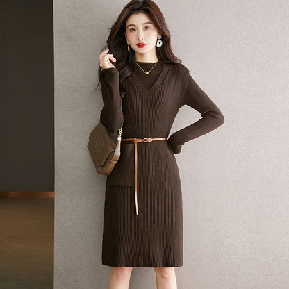 VLOVELAW elegant knitted sweater two-piece skirt autumn and winter new lace-up waist vest medium and long dress women
