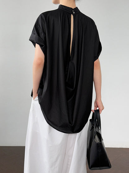 Luxi Korean design sense niche back hollow shirt women's summer new light and thin stand-up collar short-sleeved shirt 3606