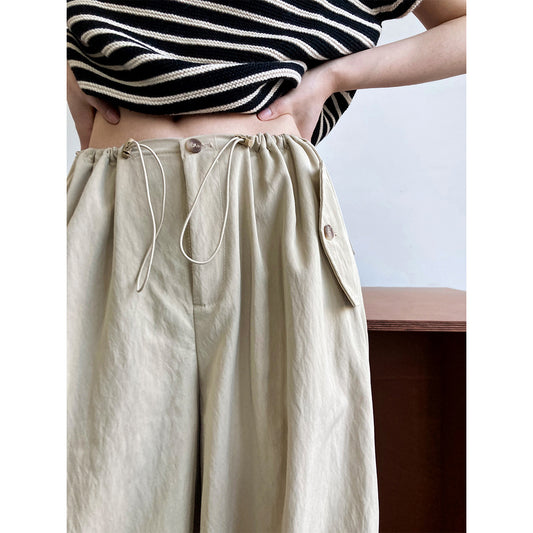 Luxi Japanese lazy casual pants drawstring elastic high waist loose silhouette thin tooling wind wide leg pants women 1620