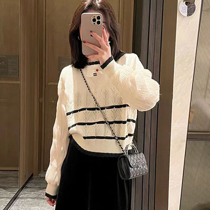 VLOVELAW sweet and spicy top Korean version fake two-piece striped knitted sweater women's fashion round neck short yarn sleeves look thin