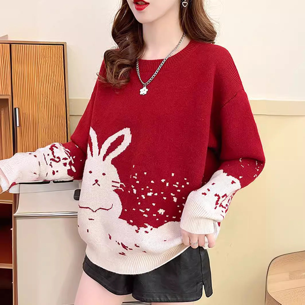 Year of the Rabbit red sweater female natal year autumn and winter loose  new popular thickened Popular style festive bottoming shirt