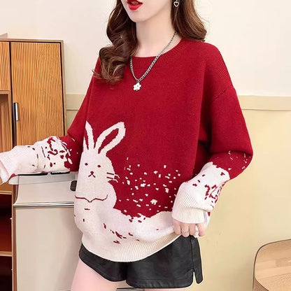 Year of the Rabbit red sweater female natal year autumn and winter loose  new popular thickened Popular style festive bottoming shirt