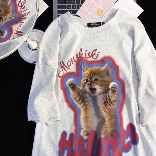 VLOVELAW Pure Cotton Good Goods American Summer Cute Cat Print Loose Leisure All-Matching Short Sleeve T-shirt Women's Half Sleeve Shirt Fashion