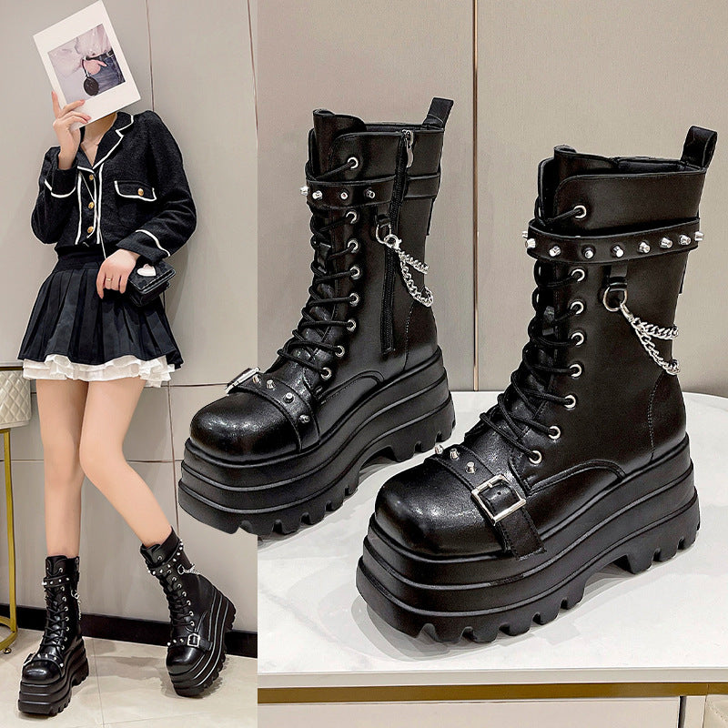 Cross-Border Wedge Knight Boots Female  New HOTan and NEWn plus Size Punk Handsome Platform Women's Mid Boots