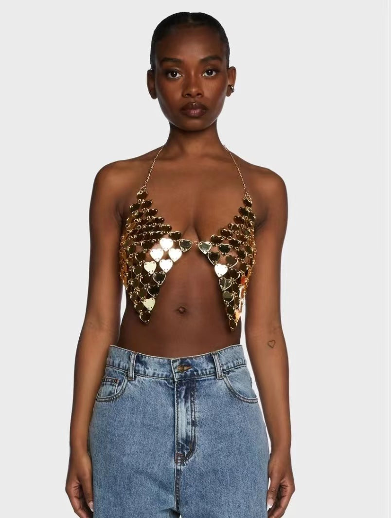 2025  120141 2025 vest love acrylic sequins splicing sexy hollow neck wrap chest small vest body chain