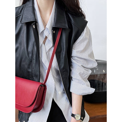 Luxi Port Style Temperament Striped Shirt Women's Spring Lazy Loose Salt Wear Off-Shoulder Sleeve Shirt Jacket 7059