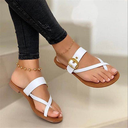 VLOVELAW  Cross-Border Foreign Trade Large Size Flat Bottom Flip-Flops Women's European and American Toe Covering Metal Belt Buckle Flat-Heeled Sandals Independent Station