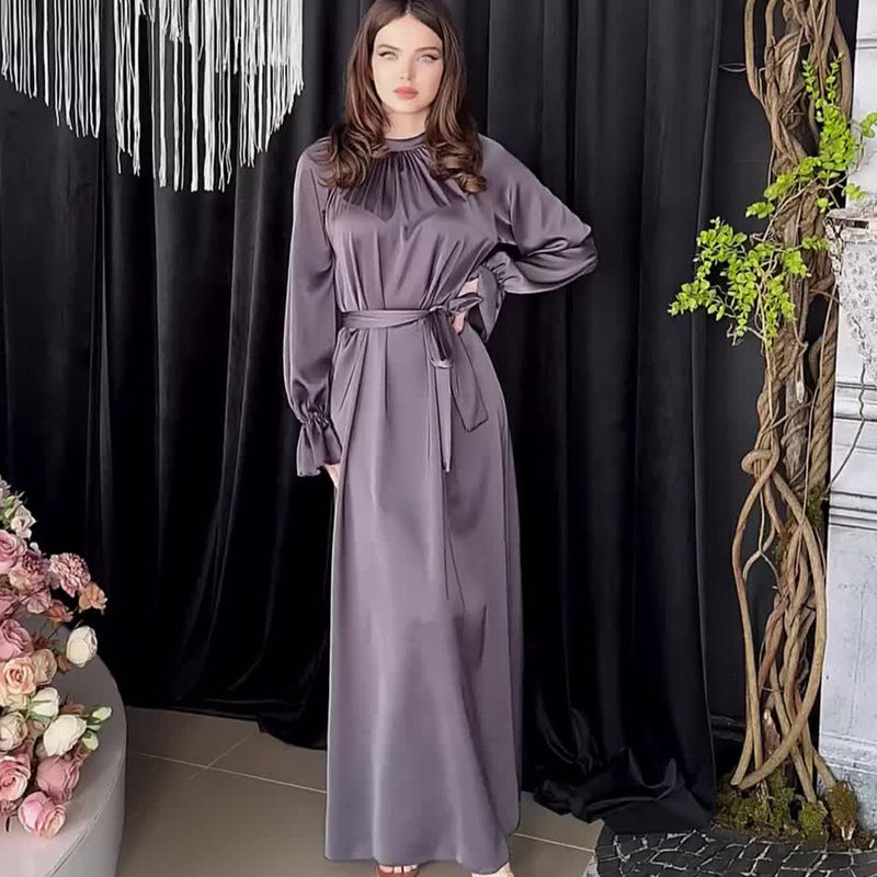 VLOVELAW Cross-Border European and American  Autumn New  Solid Color Satin Long Sleeve Loose Dress Belt Women's Clothing
