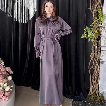 VLOVELAW Cross-Border European and American  Autumn New  Solid Color Satin Long Sleeve Loose Dress Belt Women's Clothing