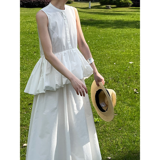 Luxi Temperament Fairy~ Fake two-piece sleeveless A-shaped vest skirt, summer new ruffle edge flower bud princess skirt 5066