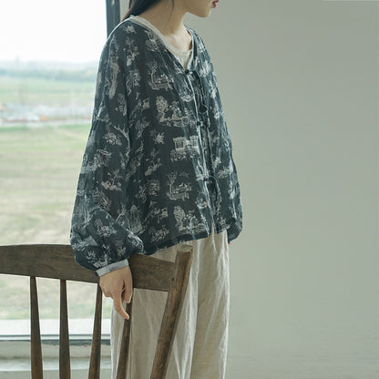 retro pair ramie printed shirt, casual age-reducing lantern sleeve cardigan sunshade S22207