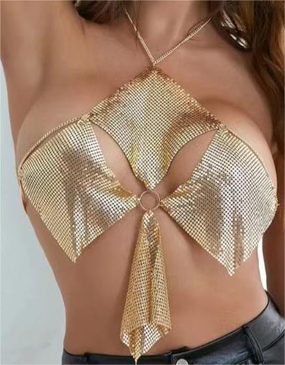 2025  120123 2025 hot-selling vest rhinestone inlaid diamond cloth ring metal chain connected neck chest top vest