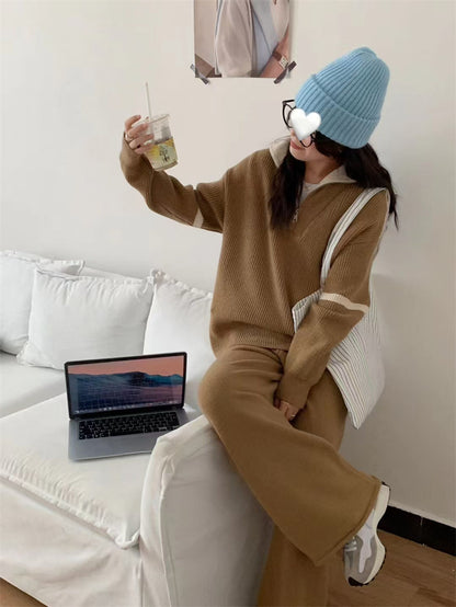 VLOVELAW Autumn and winter casual knitted suit women's New new pullover half zipper contrasting color lapel sweater wide-leg pants two-piece set