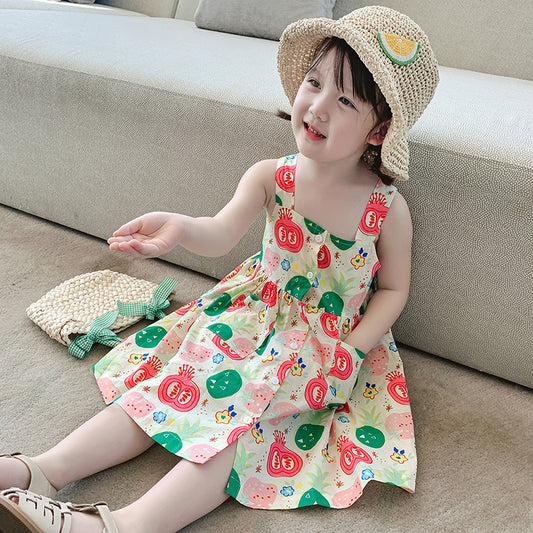Girls' Summer Dress Thin Baby Summer Clothing Children's Summer Fruit Halter Skirt Children Princess Dress Western Style
