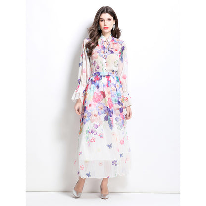celebrities high-end lace-up flared sleeves printed chiffon top women's high waist hanging big swing skirt set