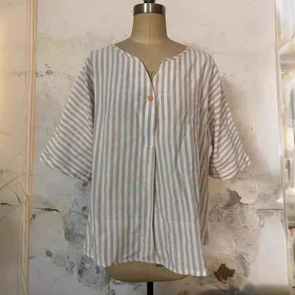 VLOVELAW  New V-neck Striped Loose Short-Sleeved Cotton and Linen Shirt Leisure Artistic Versatile Top in Stock
