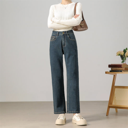 2025    New retro straight jeans women's spring and autumn high waist and thin fashion versatile commuter pipe pants