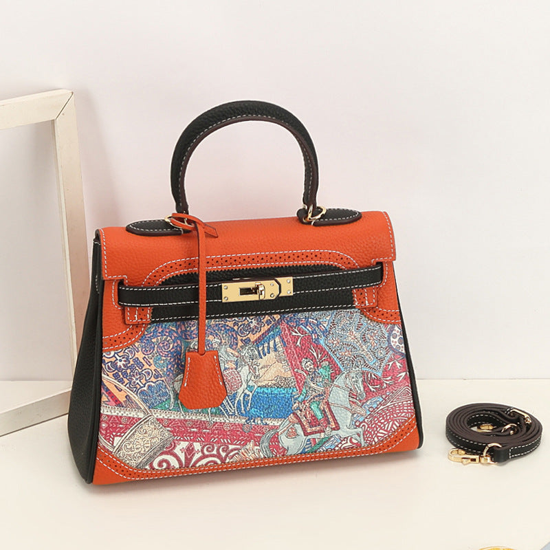 VLOVELAW 2025 New Fashion Printed Graffiti Kai Bag Cartoon Pattern Leather Women's Bag First Layer Cowhide One Shoulder Crossbody Handbag