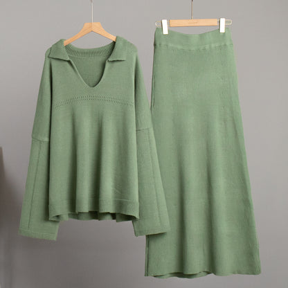 KKBOXLY Cross-border knitted set Europe, America New winter new fashion simple style V-neck knitted sweater skirt set