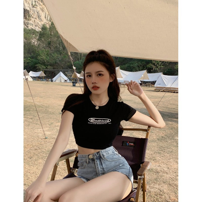 VLOVELAW Black Letter Printed Short T-shirt for Women  Summer New Slim Fit Slimming Versatile Hot Girl Short Sleeve Top