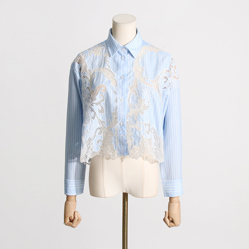 2025 Fashion temperament shirt women's spring  new lapel mesh splicing design sense hollow long-sleeved women's cardigan