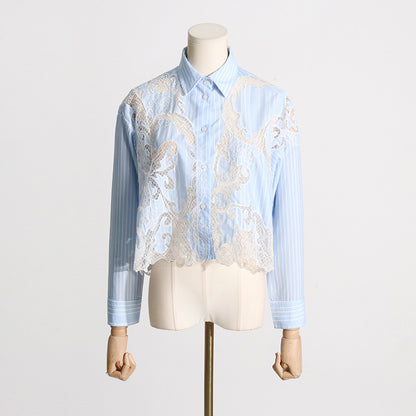 2025 Fashion temperament shirt women's spring  new lapel mesh splicing design sense hollow long-sleeved women's cardigan