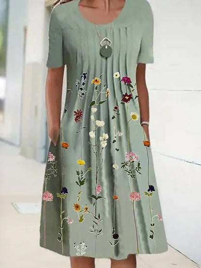 VLOVELAW Cross-Border Foreign Trade    Wish Spring/Summer Floral Print round Neck Pullover Mid-Length Dress Women
