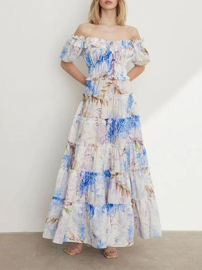 VLOVELAW Spring New Slim Fit Slimming Temperament off-Shoulder Pleated Print Lady Long Elegant Big Hem Dress