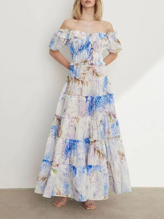 VLOVELAW Spring New Slim Fit Slimming Temperament off-Shoulder Pleated Print Lady Long Elegant Big Hem Dress