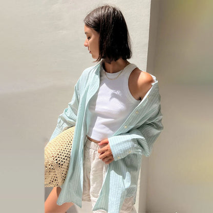VLOVELAW  striped shirt 2025 popular autumn and winter new casual loose sugar macaron medium and long striped shirt
