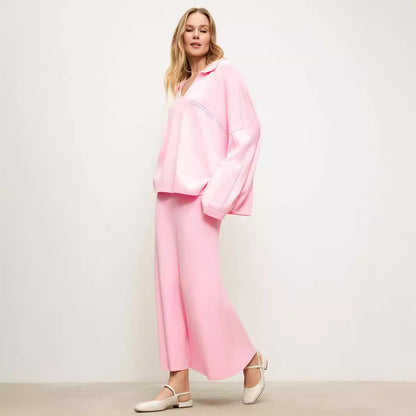 KKBOXLY Cross-border knitted set Europe, America New winter new fashion simple style V-neck knitted sweater skirt set