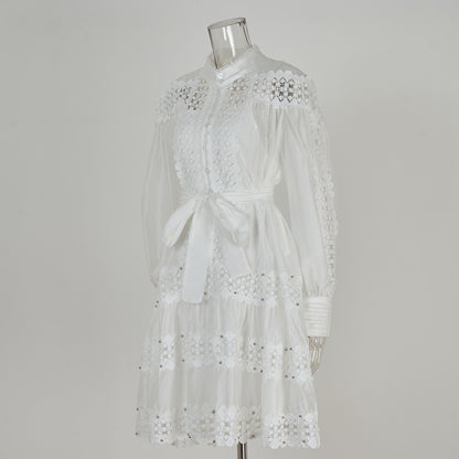 women's clothing  long-sleeved shirt skirt spring and autumn women's single-breasted water-soluble lace embroidered hollow dress