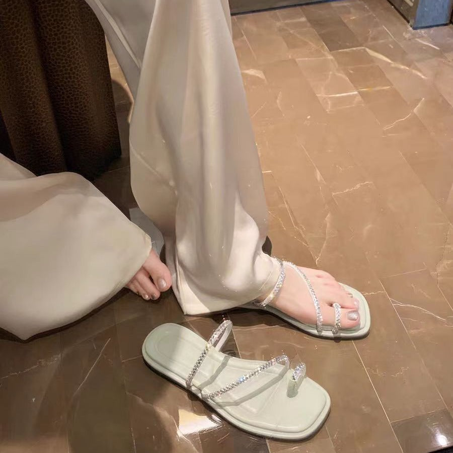 VLOVELAW  Sheepskin Version ~ Grape Mom Same Style Sparkling Rhinestones Toe Covering Exquisite Fairy Style Flat Sandals Women's Half Slippers Summer 2025