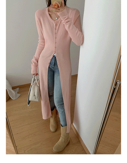 VLOVELAW Early autumn versatile solid color high split fork women's U-neck slim and thin knitted cardigan temperament long coat long sleeve top