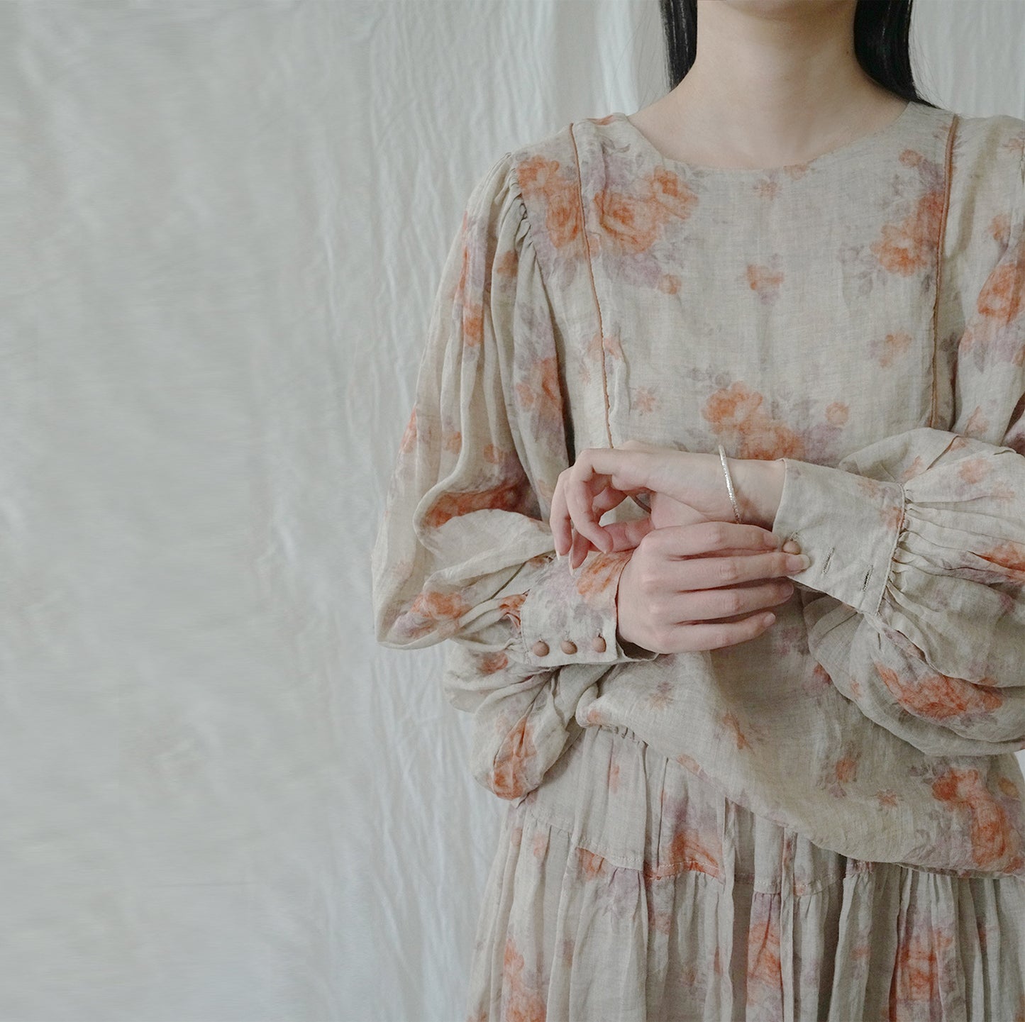pastoral life ramie printed shirt, retro cool  bubble sleeve top S22276