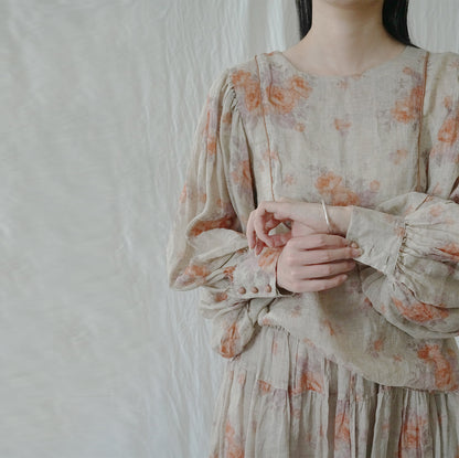 pastoral life ramie printed shirt, retro cool  bubble sleeve top S22276