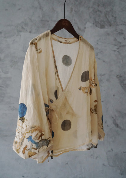 design, national style, Song Dynasty ramie lace-up cardigan, retro gentle literary and oblique shirt S22166