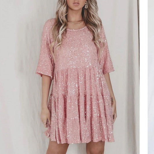 XIEYINSHE Europe and America Cross Border Foreign Trade Popular Style Fashion Pure Color Sequins Loose Waist Short Sleeve Swing Skirt Dress