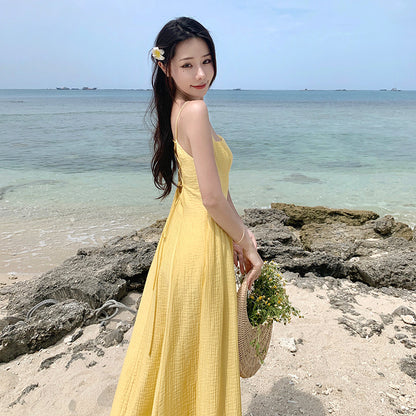 VLOVELAW Retro Yellow Waist Trimming Spaghetti Straps Dress Women's Summer Summer  New Seaside Vacation Gentle Sexy Long Dress