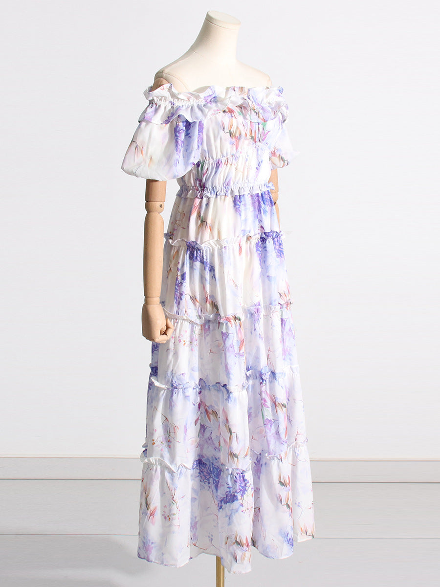VLOVELAW Spring New Slim Fit Slimming Temperament off-Shoulder Pleated Print Lady Long Elegant Big Hem Dress