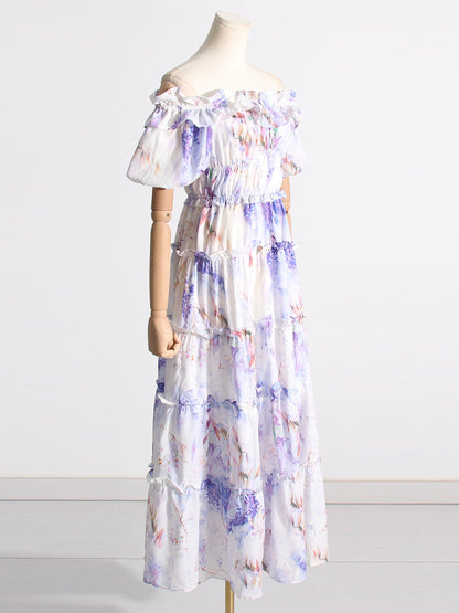 VLOVELAW Spring New Slim Fit Slimming Temperament off-Shoulder Pleated Print Lady Long Elegant Big Hem Dress