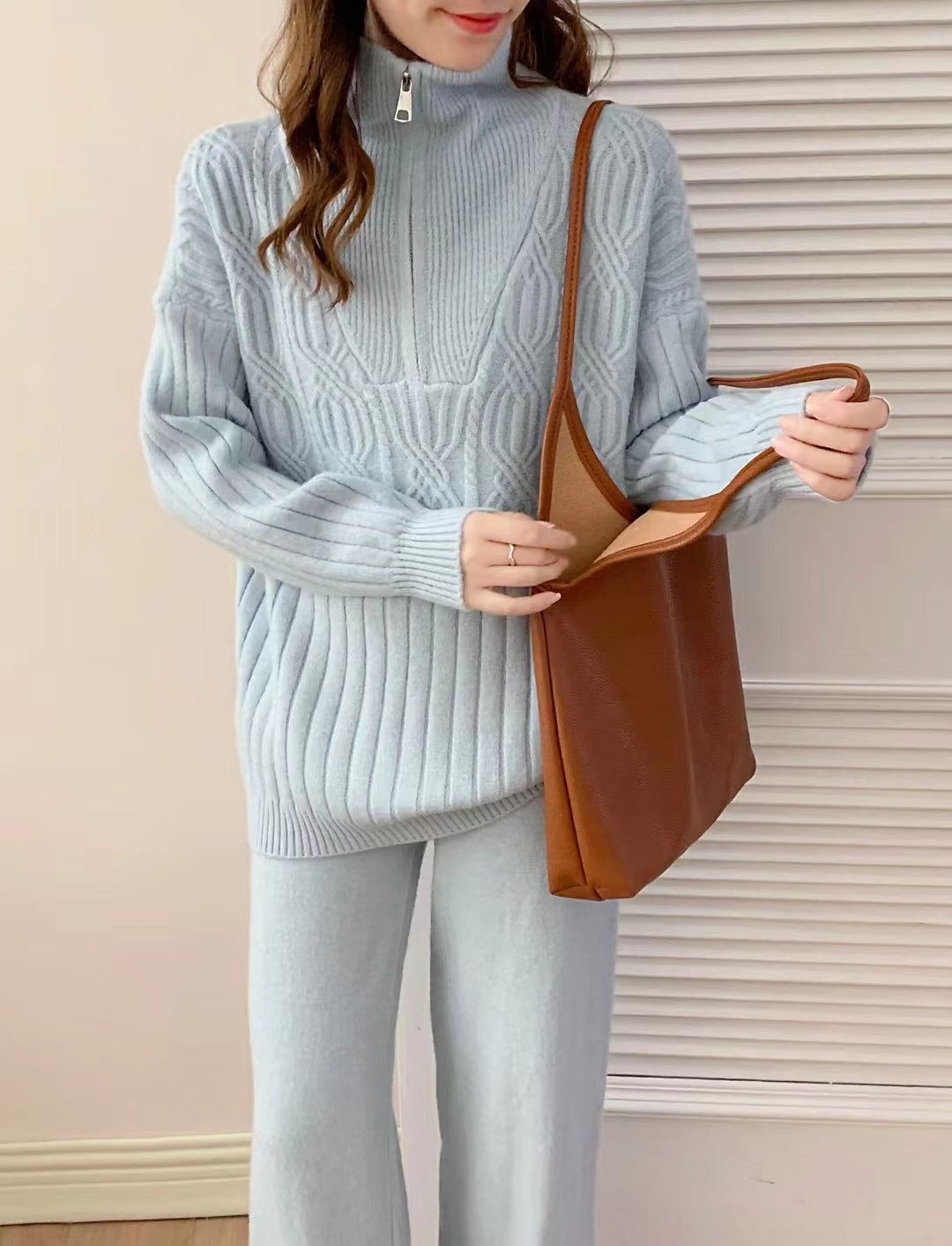 VLOVELAW Fashion high-end sweater set for women's autumn and winter lazy style zipper stand-up neck knitted sweater high-waisted wide-leg pants two-piece set