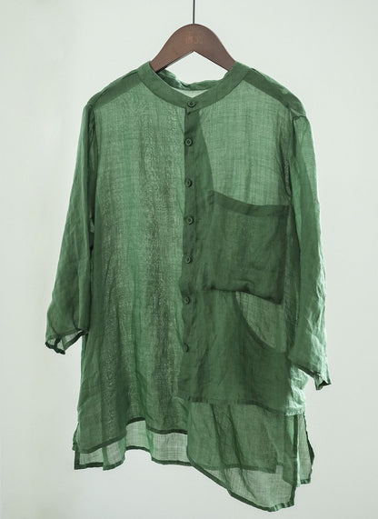 Literary and casual irregular ramie shirt, niche design retro tooling stand-up collar seven-quarter sleeve top W22281